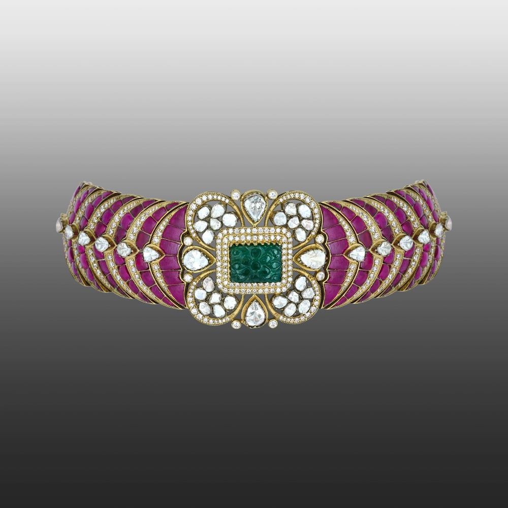 Emerald Ruby Antique Choker with Polki Open Setting